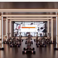 Modern Indoor Fitness Studio With Spin Bikes Large Screen Showing Fitness People And Warm Lighting