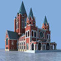 Religious Church Architecture Featuring Red Brick Walls Green Spires And Arched Windows
