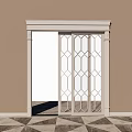 Sliding Door With Geometric Glass Panels And White Frame In Interior Space