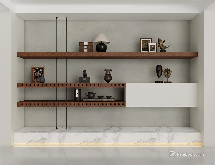 Modern Wooden Bookshelf with Layered Shelves and Decorative Items on Marble Base 3d model 