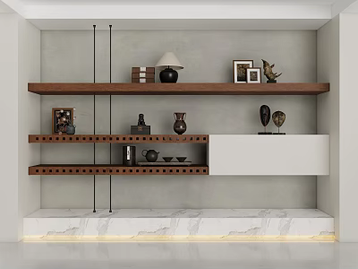 Modern Wooden Bookshelf with Layered Shelves and Decorative Items on Marble Base 3d model