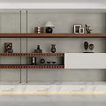 Modern Wooden Bookshelf with Layered Shelves and Decorative Items on Marble Base