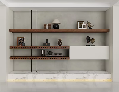 Modern Wooden Bookshelf with Layered Shelves and Decorative Items on Marble Base 3d model