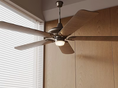 Stylish Ceiling Fan With Wooden Blades And Light Against Wooden Wall With Blinds 3d model