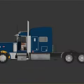 Blue Peterbilt Semi Truck With Chrome Details Dual Exhaust Pipes On Reflective Surface
