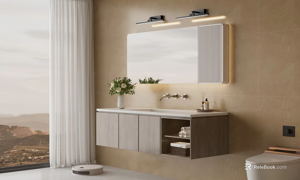 Modern Bathroom Interior With Large Mirror Vanity Cabinet Tile Wall Flower Vase And Lighting Fixtures 3d model 