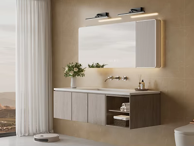 Modern Bathroom Interior With Large Mirror Vanity Cabinet Tile Wall Flower Vase And Lighting Fixtures 3d model