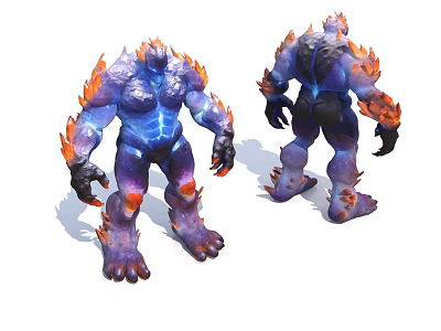 Giant Flame Elemental Game Movie Character With Blue Purple Muscular Body 3d model