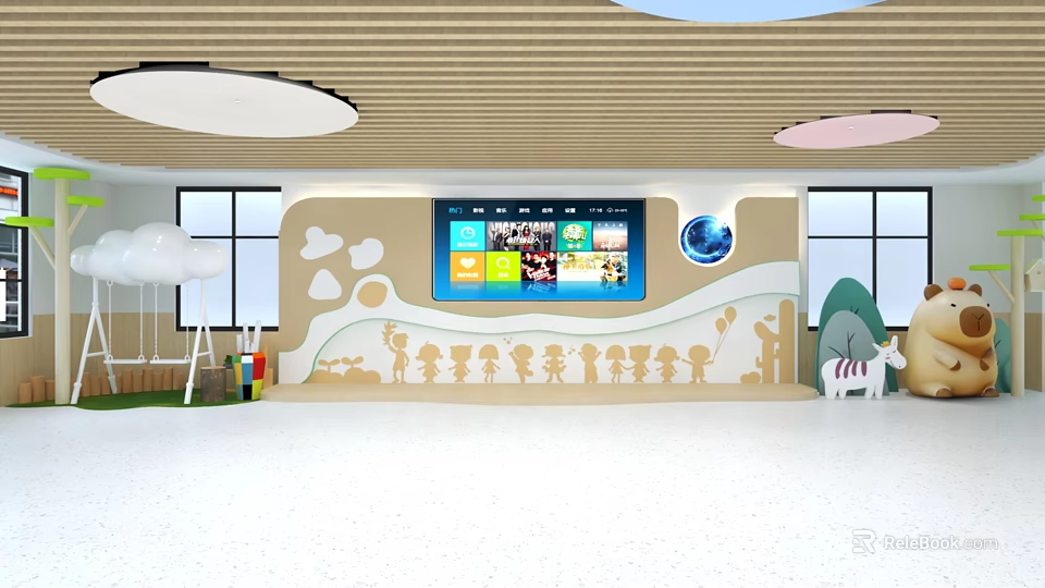Vibrant Kids Play Space Interior Featuring Cartoon Decorations Large Screen Windows And Toys 3d model 
