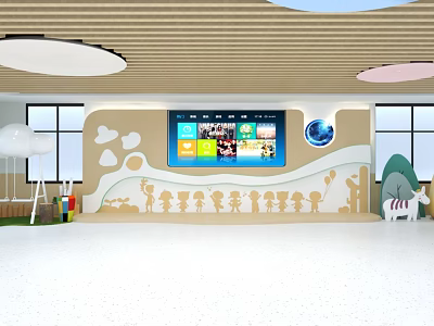 Vibrant Kids Play Space Interior Featuring Cartoon Decorations Large Screen Windows And Toys 3d model