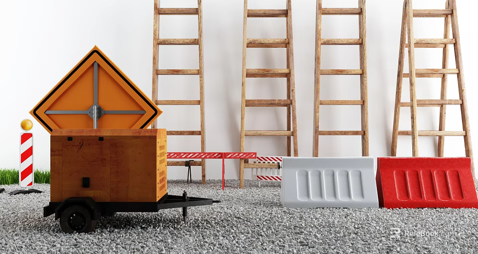 Road Facilities Featuring Orange Warning Sign Wooden Ladders And Road Barriers At Construction Site 3d model 