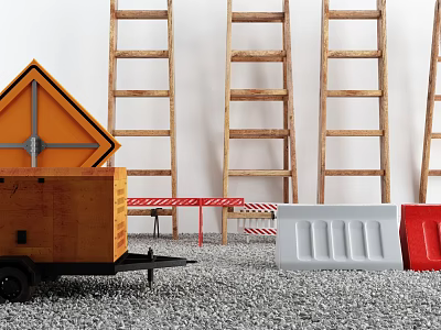 Road Facilities Featuring Orange Warning Sign Wooden Ladders And Road Barriers At Construction Site 3d model