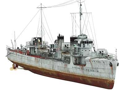 Vintage Warship Featuring Rusted Hull Masts Deck And Upper Superstructure 3d model