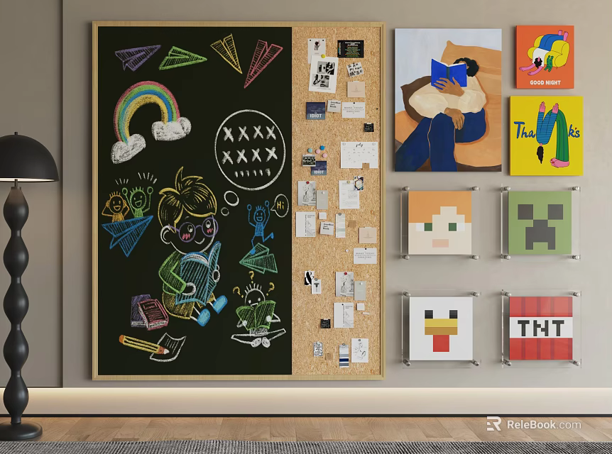 Creative Wall Decor with Chalkboard Corkboard Children's Drawings Rainbow Triangles Sticky Notes and Cartoon Art 3d model 