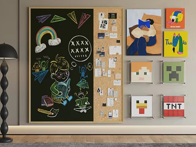 Creative Wall Decor with Chalkboard Corkboard Children's Drawings Rainbow Triangles Sticky Notes and Cartoon Art 3d model