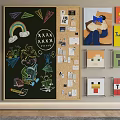 Creative Wall Decor with Chalkboard Corkboard Children's Drawings Rainbow Triangles Sticky Notes and Cartoon Art