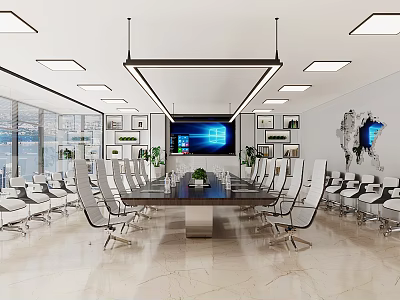 Modern Conference Room With Large Table Comfortable Chairs Large Screen Windows Plants And Modern Lighting 3d model