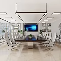 Modern Conference Room With Large Table Comfortable Chairs Large Screen Windows Plants And Modern Lighting