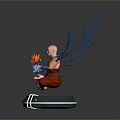 Futuristic Statue Sitting On Round Base With Blue Curved Tentacles And Red Blue Circular Objects