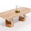 Natural Wooden Dining Table With Curved Legs And Fruit Basket On Wood Grain Top