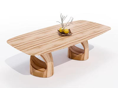 Natural Wooden Dining Table With Curved Legs And Fruit Basket On Wood Grain Top 3d model