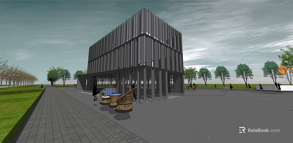Modern Sales Office Building With Vertical Metal Slats Large Glass Front And Outdoor Seating Space 3d model 
