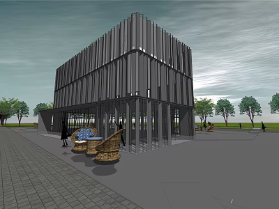 Modern Sales Office Building With Vertical Metal Slats Large Glass Front And Outdoor Seating Space 3d model