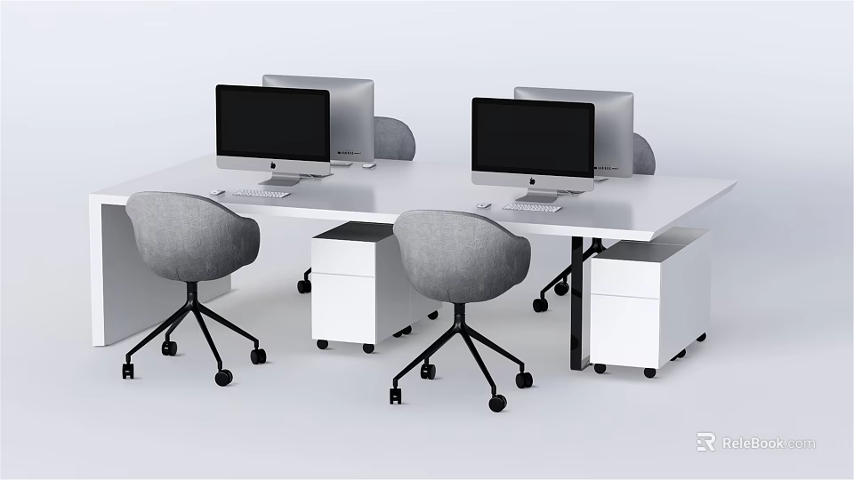 Modern Office Desk Setup with Two Computer Monitors Gray Chairs and White Cabinets 3d model 