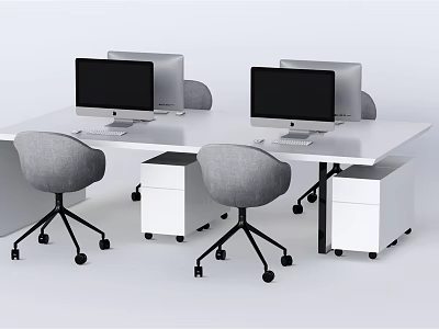 Modern Office Desk Setup with Two Computer Monitors Gray Chairs and White Cabinets 3d model