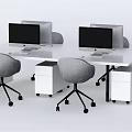 Modern Office Desk Setup with Two Computer Monitors Gray Chairs and White Cabinets