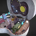 Cartoon Style Guitar Shaped Open Interior Scene with Ladder Table Chairs Decorative Pictures and Lights