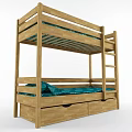 Solid Wooden Bunk Bed Featuring Teal Patterned Mattress And Storage Drawers 3d model