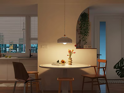 Warm Modern Dining And Living Space With Round Table Wooden Chairs And Soft Ambient Lighting 3d model