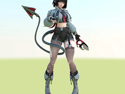 Futuristic Woman In Combat Outfit With Mechanical Tail Holding Weapon Boots And Gloves 3d model