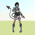 Futuristic Woman In Combat Outfit With Mechanical Tail Holding Weapon Boots And Gloves