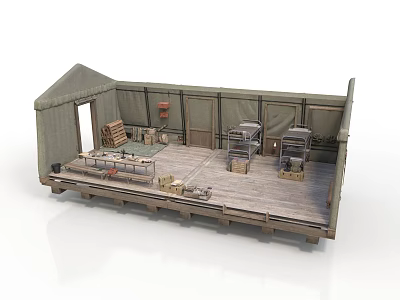 Military Field Tent Interior With Wooden Floor Crates Shelves And Equipment 3d model