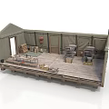 Military Field Tent Interior With Wooden Floor Crates Shelves And Equipment