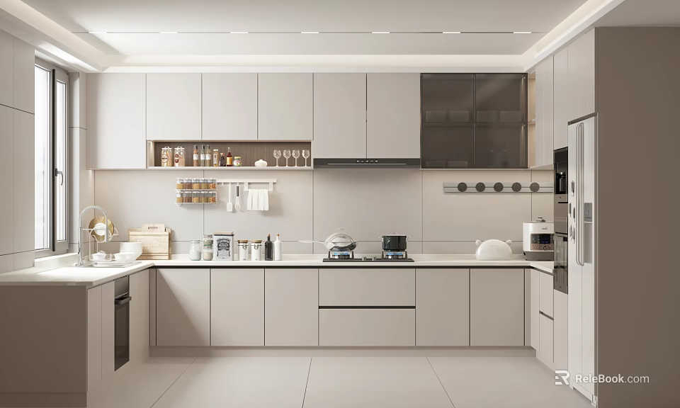 Modern Kitchen Interior Design With Light Gray Cabinets Open Shelves And White Countertop Appliances 3d model 