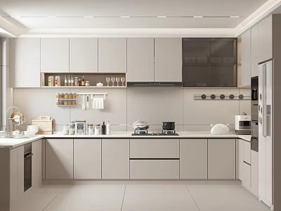 Modern Kitchen Interior Design With Light Gray Cabinets Open Shelves And White Countertop Appliances 3d model