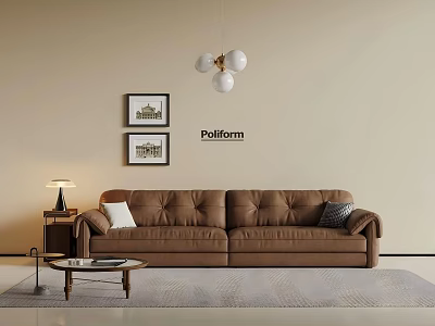 Poliform Brown Leather Sofa Set with Coffee Table Side Table Wall Art and Pendant Light 3d model