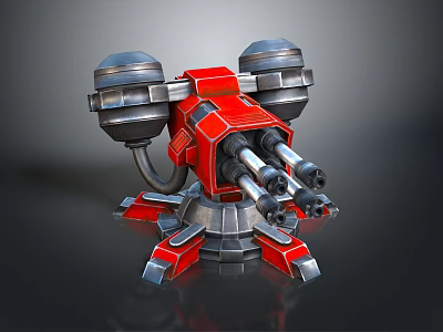 Red Mechanical Turret Weapon with Multiple Barrels and Metallic Base Structure 3d model