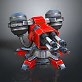 Red Mechanical Turret Weapon with Multiple Barrels and Metallic Base Structure 3d model