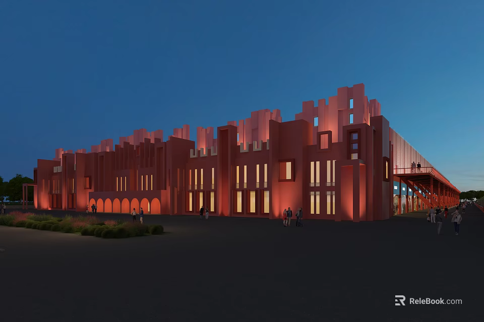 Modern Red Commercial Complex With Unique Architecture And Illuminated Windows At Nighttime 3d model