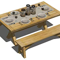 Rustic Wooden Dining Table Set With Bench Seats And Dishes With Wine Glasses