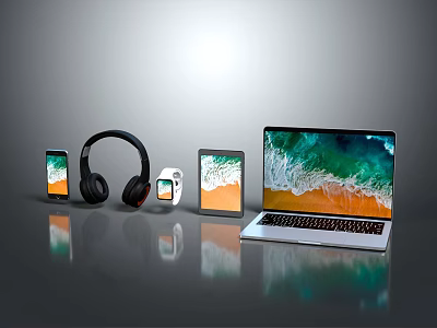 Modern Laptop Display with Smartphone Headphones Smartwatch Tablet and Devices 3d model