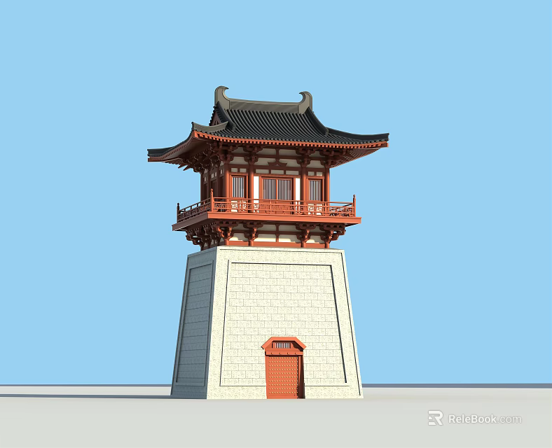 Traditional Chinese Pagoda With Red Wooden Structure Black Roof And White Stone Base 3d model 