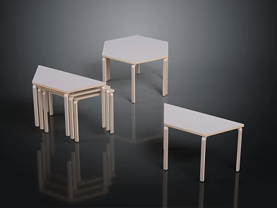 Modern Minimalist Wooden Tables Featuring Hexagonal Rectangular Shapes Stackable Design And Reflective Surface 3d model