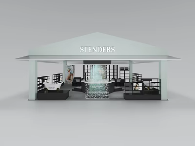 STENDERS Modern Exhibition Booth With Transparent Structure Display Shelves And Furniture 3d model