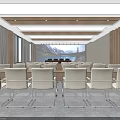 Modern Conference Room Interior Design With White Chairs Large Screen Wooden Ceiling And Natural Light