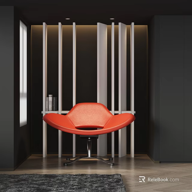 Modern Red Accent Chair Featuring Curved Design Metal Base And Vertical Slat Wall Panel 3d model 